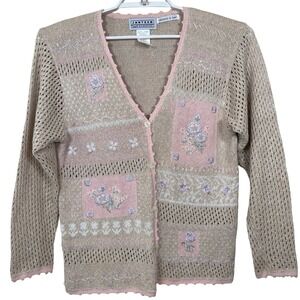 Vintage Janzten Hand Embroidered Cardigan S Tan Pink Floral Cottagecore Coquette